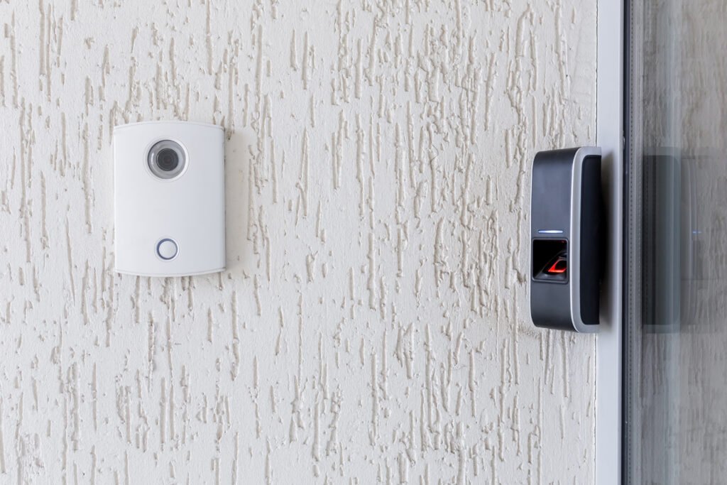 Door lock on door with fingerprint sensor, entrance to modern office and home